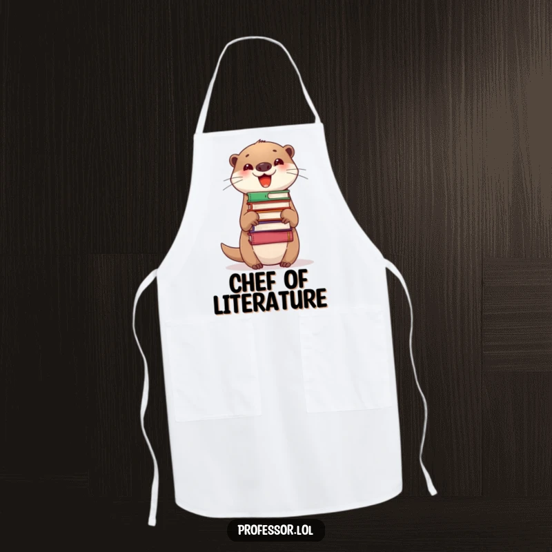 Funny Apron showcasing a delighted otter balancing a stack of books on its nose, perfect for kitchen adventures.