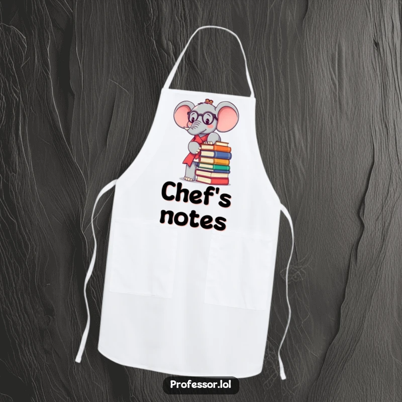 Funny Kawaii elephant professor character in an apron, balancing books while cooking, displayed on this kitchen accessory.