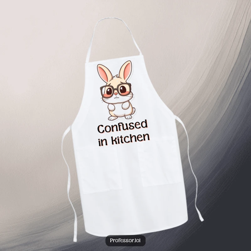 Funny apron with a rabbit wearing huge spectacles, looking surprised and confused, ideal for kitchen fun.