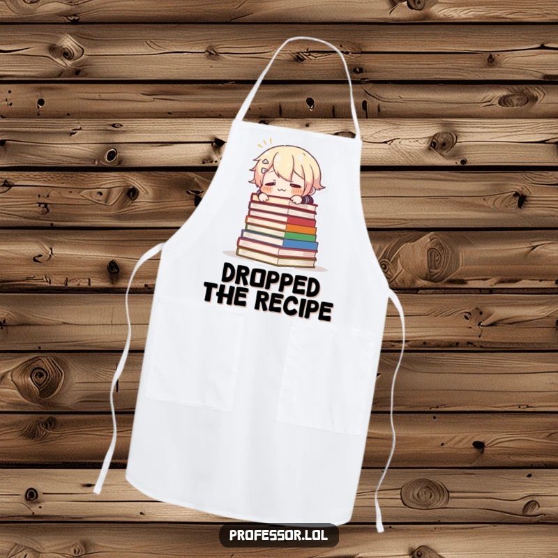 Funny apron showing a character comically tripping over books, perfect for the kitchen and adding a humorous touch to cooking.
