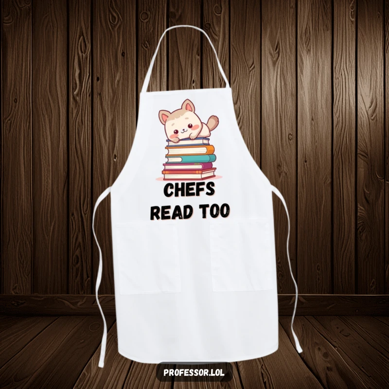 Funny cute animal character comically tripping over a stack of books, humorous apron for bookish cooks.
