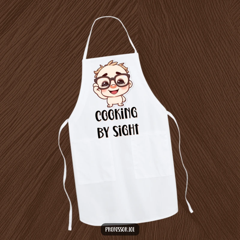 Funny character playfully adjusting oversized spectacles on its nose with a grin, a humorous apron for chefs and thinkers. Smart and protective.