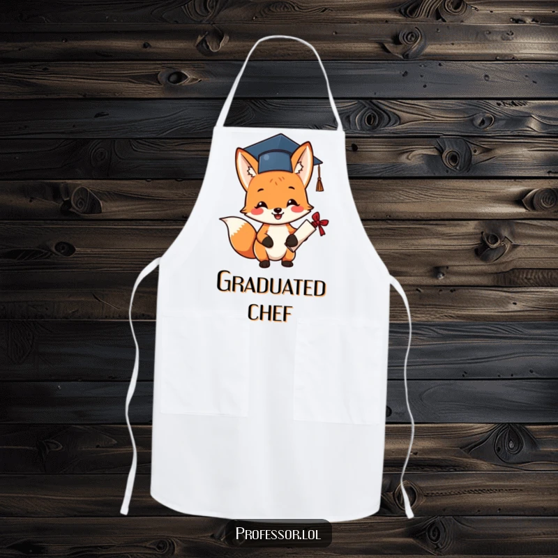 Funny graduation fox apron showing a cheerful fox in a small cap, holding a diploma while cooking.
