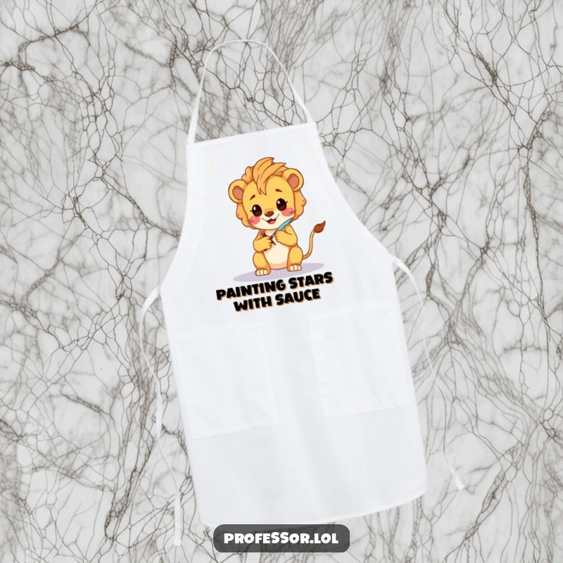 Funny Lion Cub Artist Apron: A happy Kawaii lion cub sketching a fantastical galaxy with a glowing quill, ready to create.