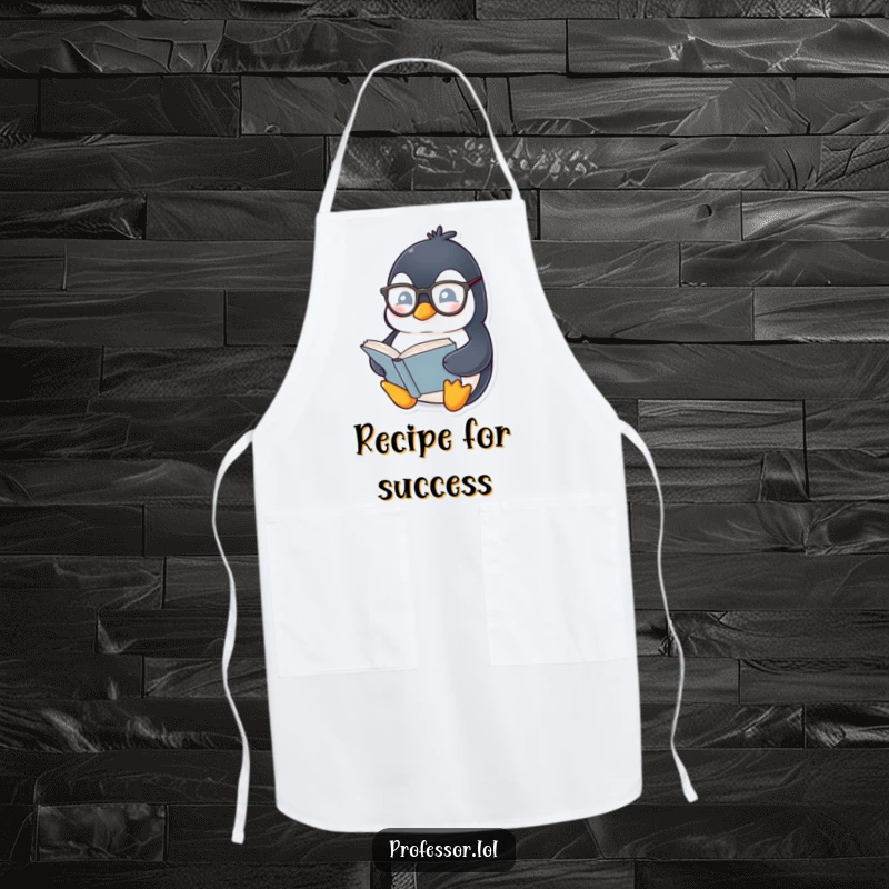 Funny Penguin Bookworm Apron: Chubby penguin wearing spectacles reads a thick book while cooking, a fun and practical kitchen accessory.