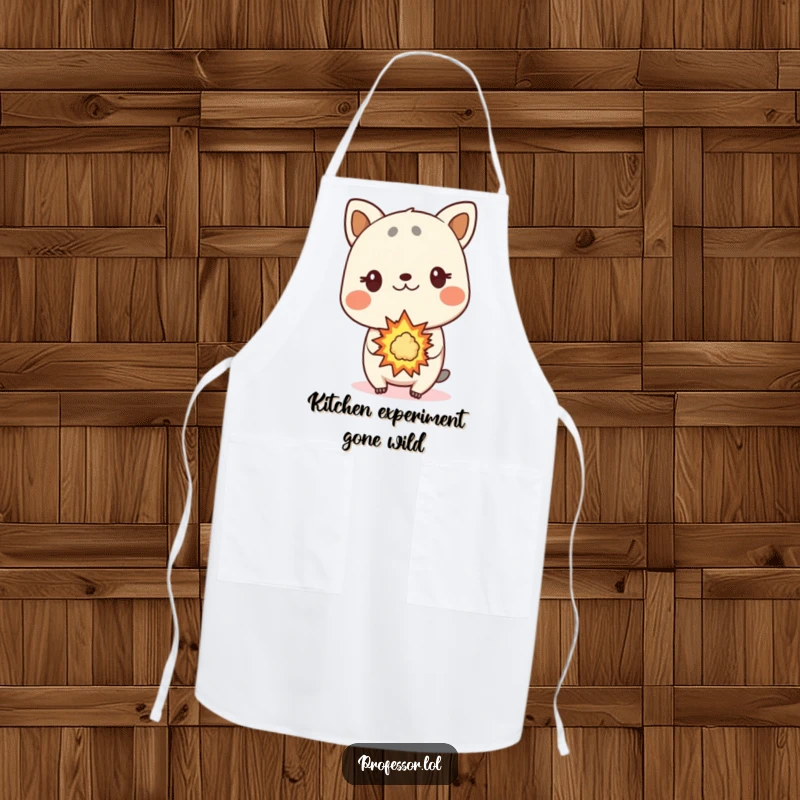 Funny animal apron, surprised chef animal, small explosion, kitchen wear, culinary humor.