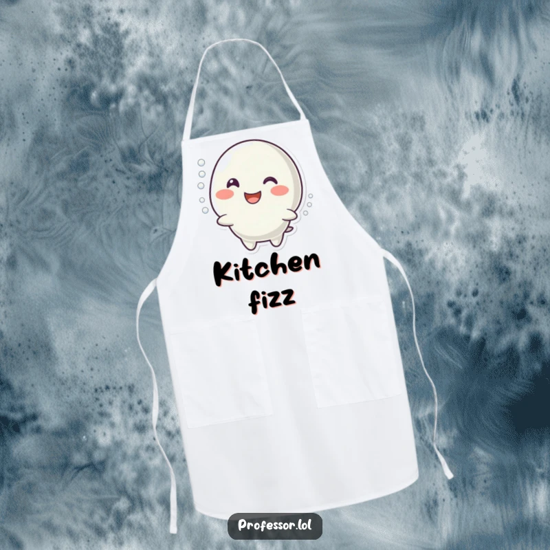 Funny apron showing a character with a happy smile imitating a bubbling reaction, perfect for the kitchen and adding cheer.
