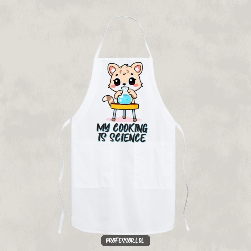 Funny animal apron, animal adjusting beaker, laboratory stand, kitchen wear, science humor.