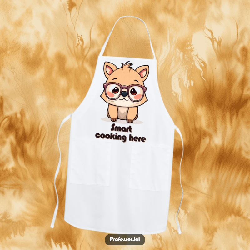 Funny apron with a cute animal character wearing spectacles humorously perched, ideal for kitchen activities and chuckles.
