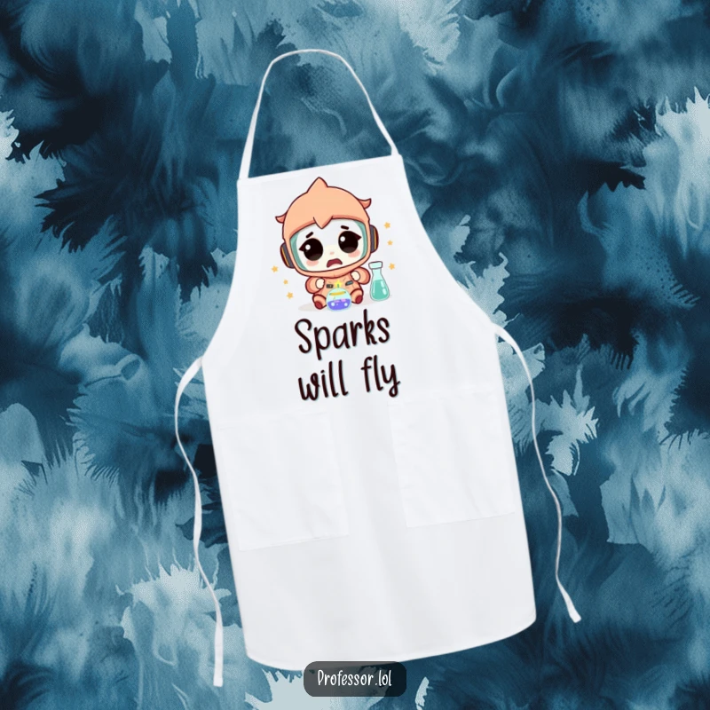 Funny Science Apron: A character looks amazed as a tiny spark flies from an experiment, perfect for protecting during creative endeavors.