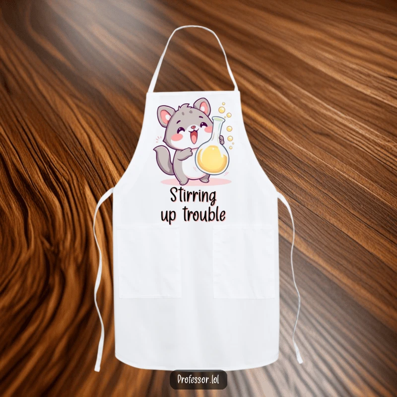 Funny cute animal scientist character holding an overflowing bubbling beaker, a humorous apron for chefs and scientists. Protect your clothes with style.