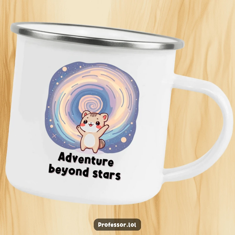 Funny camping mug featuring a small animal character excitedly pointing at a swirling galaxy, perfect for outdoor sipping and humor.
