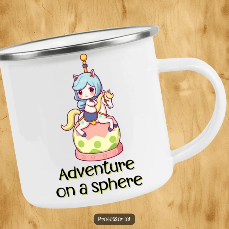 Funny camping mug with a character riding a globe, designed for outdoor adventures and adding a humorous touch to drinks.