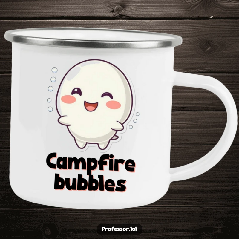Funny camping mug with a character happily imitating a bubbling reaction, perfect for outdoor enthusiasts and spreading cheer.