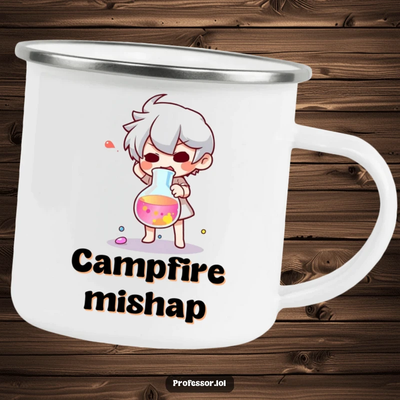 Funny cat camping mug of a character startled by a dropped beaker of colorful liquid, ready for outdoor mishaps.