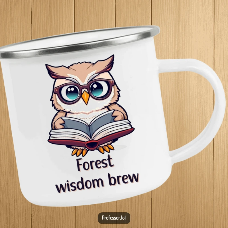 Funny owl spectacles camping mug showing a cute owl with glasses peering into a book by the campfire.