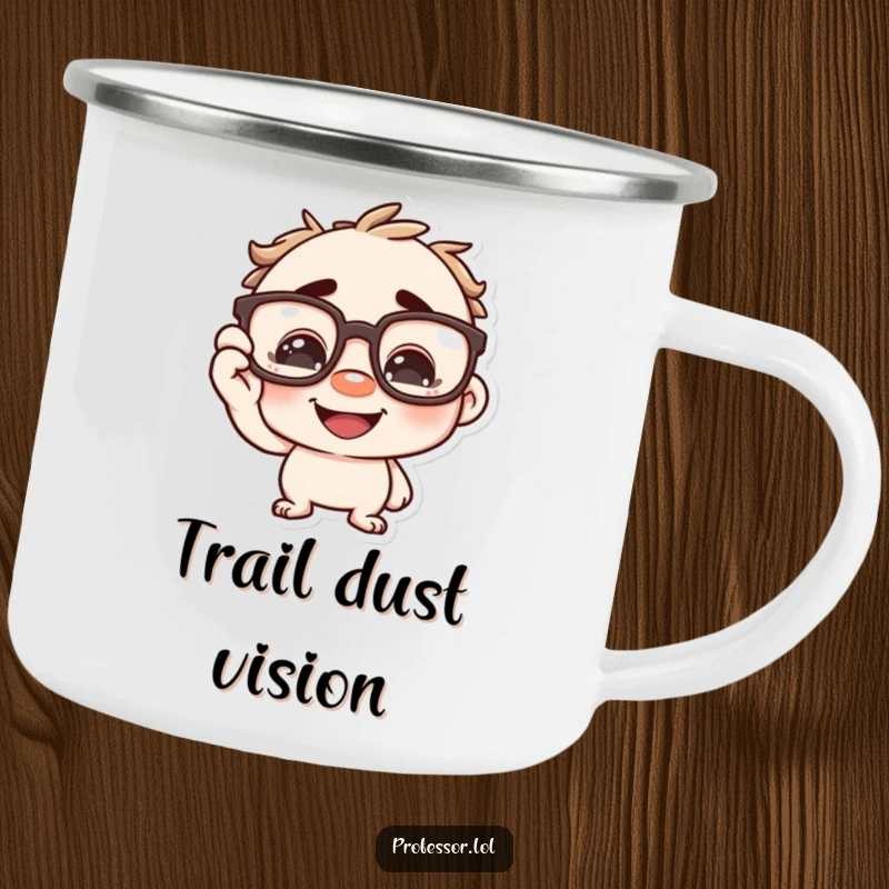 Funny character playfully adjusting oversized spectacles on its nose with a grin, a humorous camp mug for readers. Rugged and wise.
