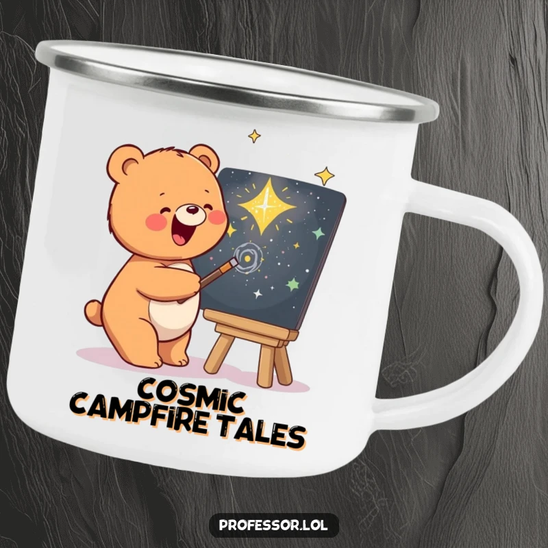 Funny camping mug with a bear artist sketching a galaxy, perfect for outdoor adventures and creative thoughts.