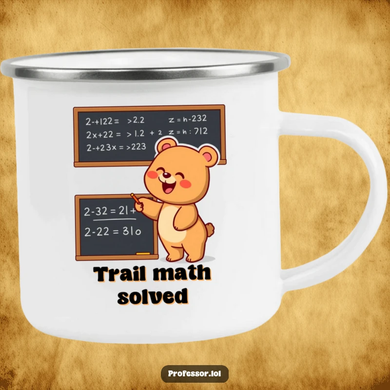 Funny Bear Math Camping Mug: Joyful bear enthusiastically points at a complex equation, durable and fun for outdoor learning.