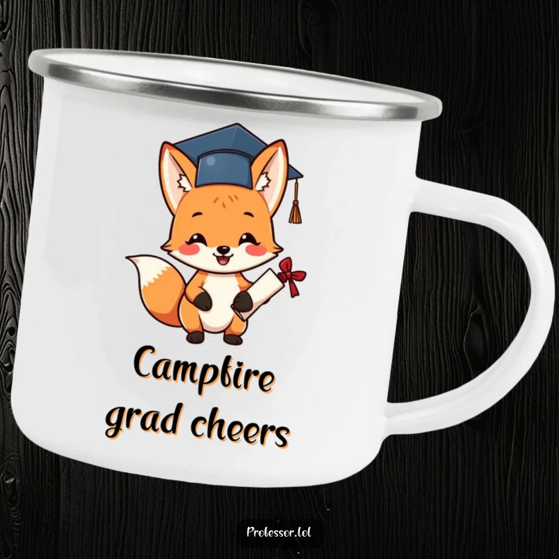 Funny graduation fox camping mug showing a cheerful fox in a small cap, holding a diploma by the fire.