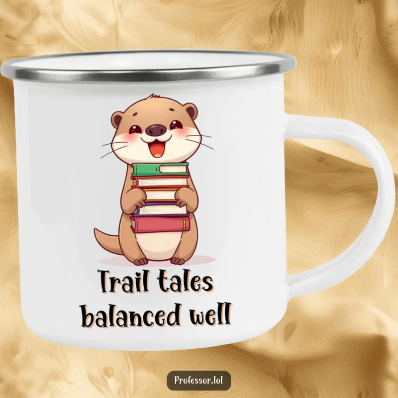 Funny Camping Mug featuring a delighted otter balancing books on its nose, perfect for outdoor reading and coffee breaks.