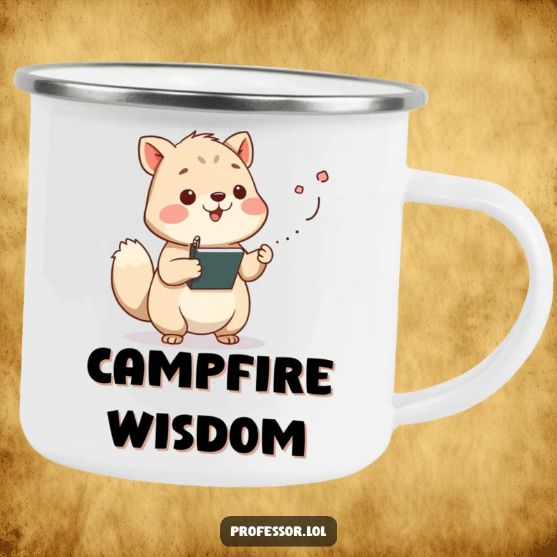 Funny wise animal character lecturing with chalk dust flying from its paw, a humorous camp mug for educators. Rugged and wise.