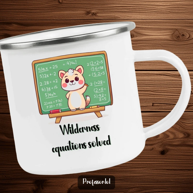 Funny camping mug featuring an animal character happily scribbling equations on a chalkboard, perfect for outdoor study sessions and humor.