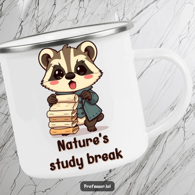 Funny Kawaii badger professor camping mug, surprised scholar dropping ancient scrolls, durable and humorous outdoor drinkware, great gift.