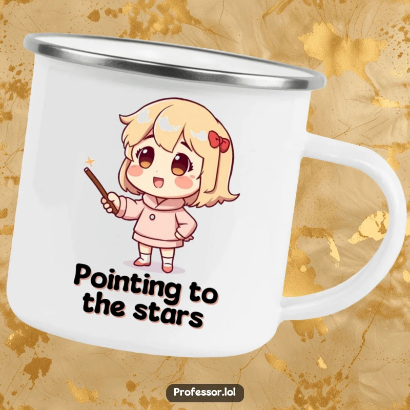 Funny camping mug with a character enthusiastically using a pointer stick, perfect for outdoor educators and sharing knowledge.