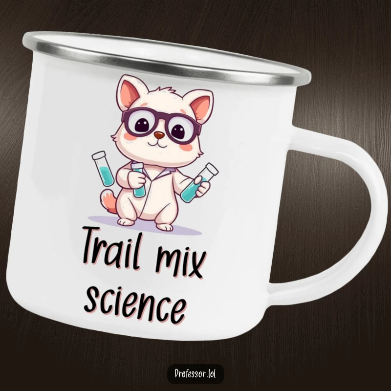 Funny camping mug featuring a cute animal character playfully juggling laboratory test tubes, designed for outdoor use with a humorous scientific theme.