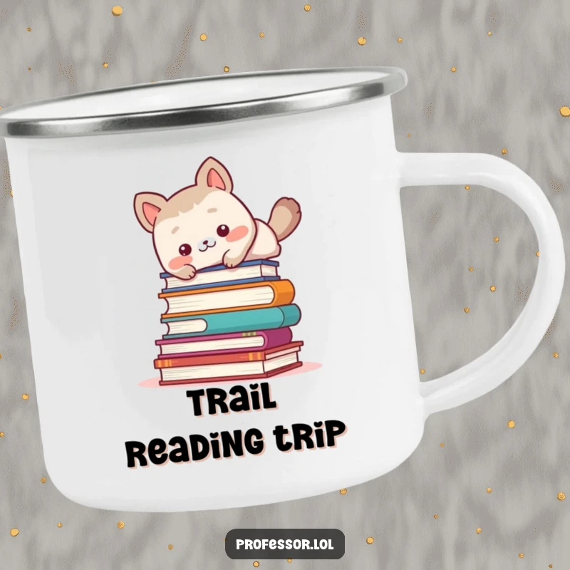 Funny cute animal character comically tripping over a stack of books, durable enamel camping mug.