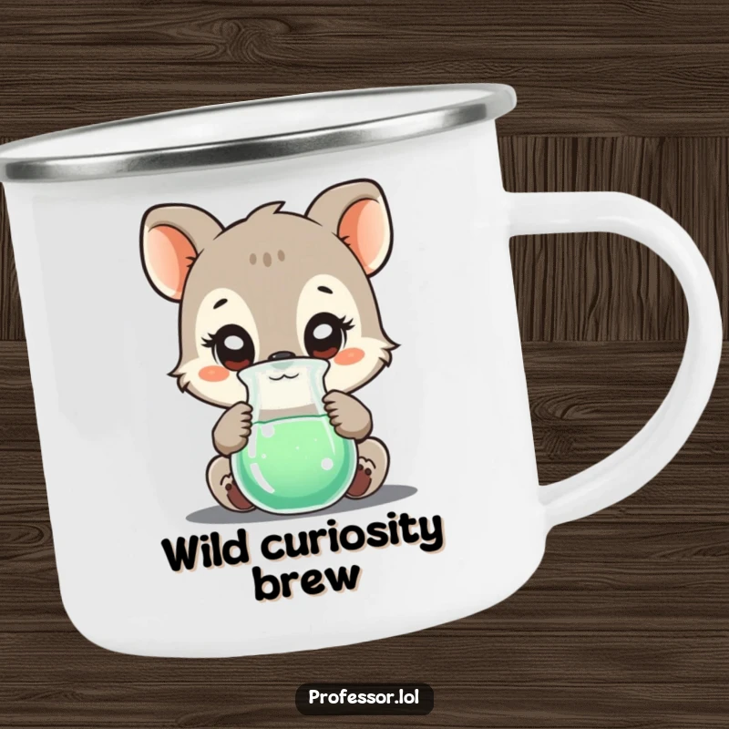 Funny camping mug featuring a curious animal character examining a bubbling beaker, ideal for outdoor exploration and humorous brews.