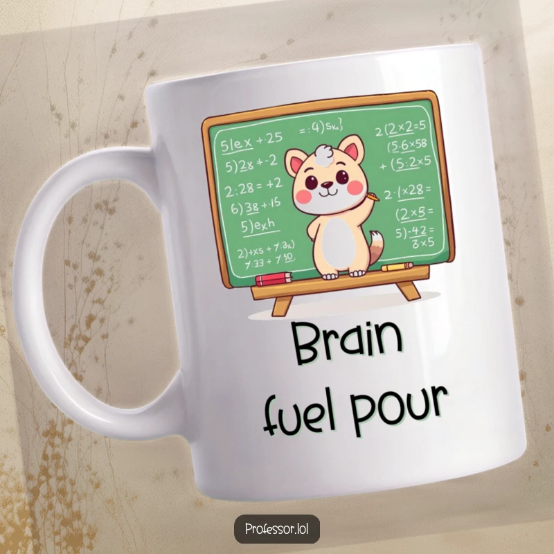Funny mug showing a cute animal character happily scribbling complex equations on a giant chalkboard, celebrating intelligence and humor.