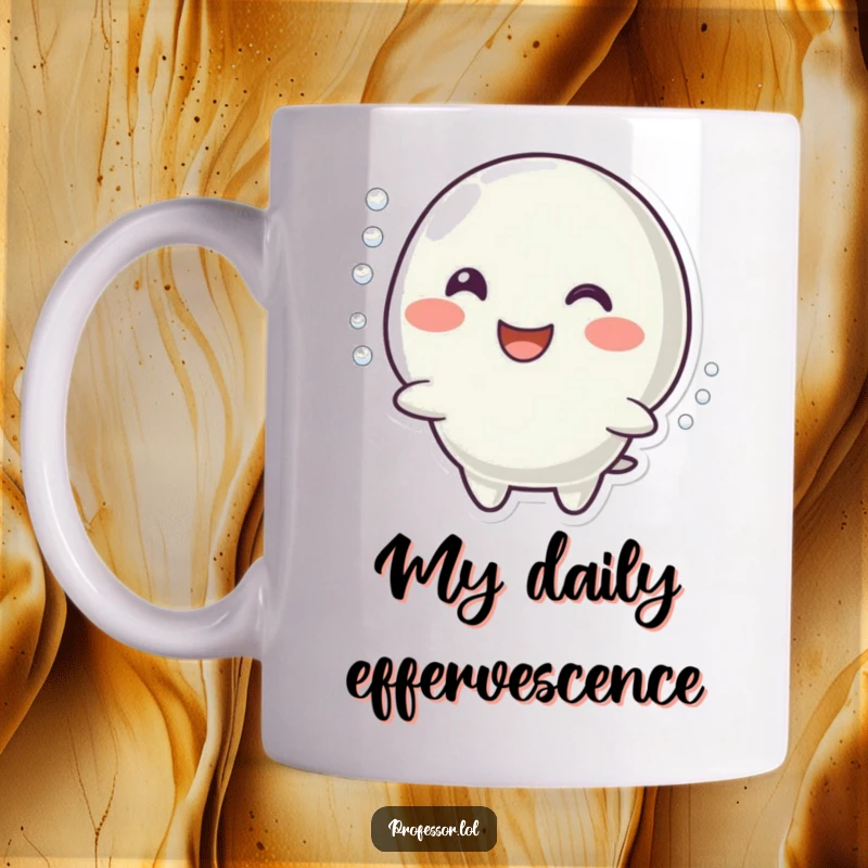 Funny mug showing a happy character smiling broadly while imitating a fizzy, bubbling reaction, radiating pure joy and excitement.