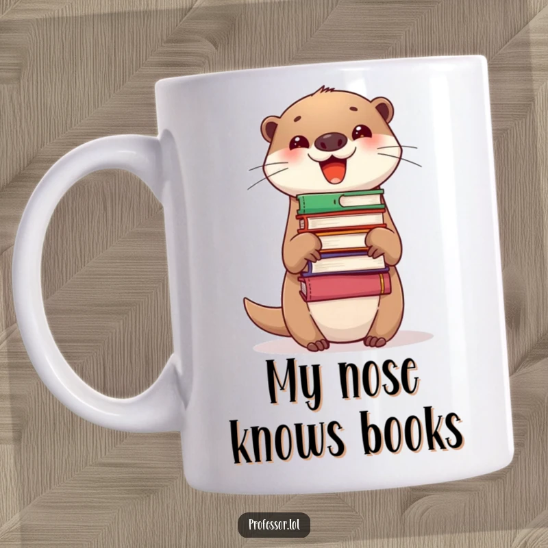 Funny Mug featuring a delighted otter skillfully balancing a tall stack of books on its nose, showcasing its intelligence and humor.
