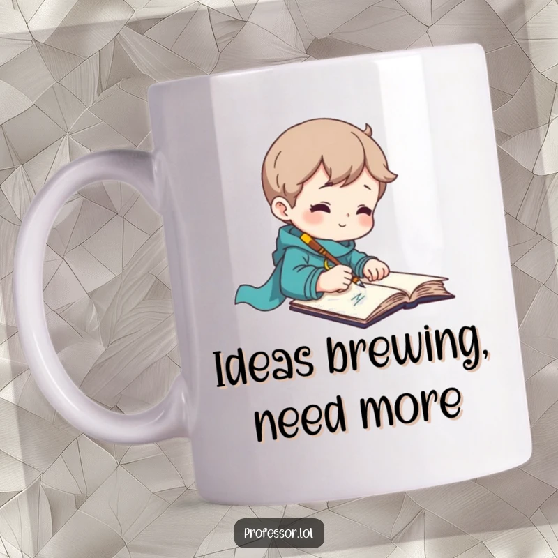 Funny mug featuring an inspired character rapidly writing in a notebook with a quill pen.