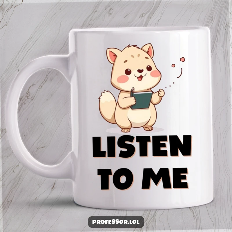 Funny wise animal character lecturing with chalk dust flying from its paw, symbolizing teaching and knowledge. A humorous mug for educators.