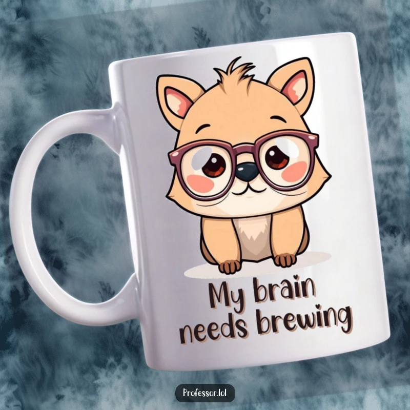 Funny mug with a cute animal wearing oversized spectacles that are sliding down its nose, looking studious and comical.
