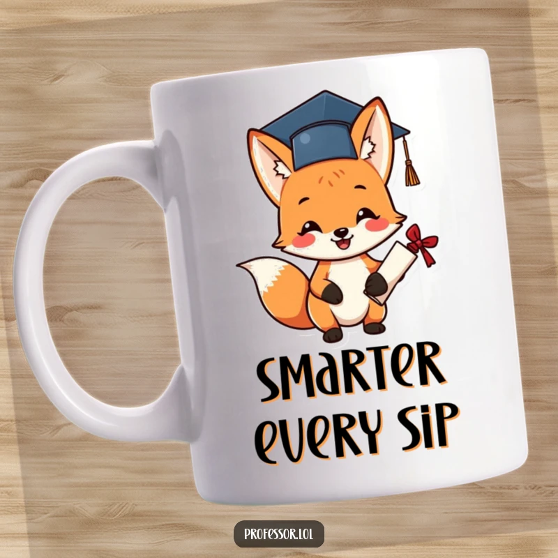 Funny graduation fox mug featuring a cheerful fox in a small cap, excitedly holding a diploma.