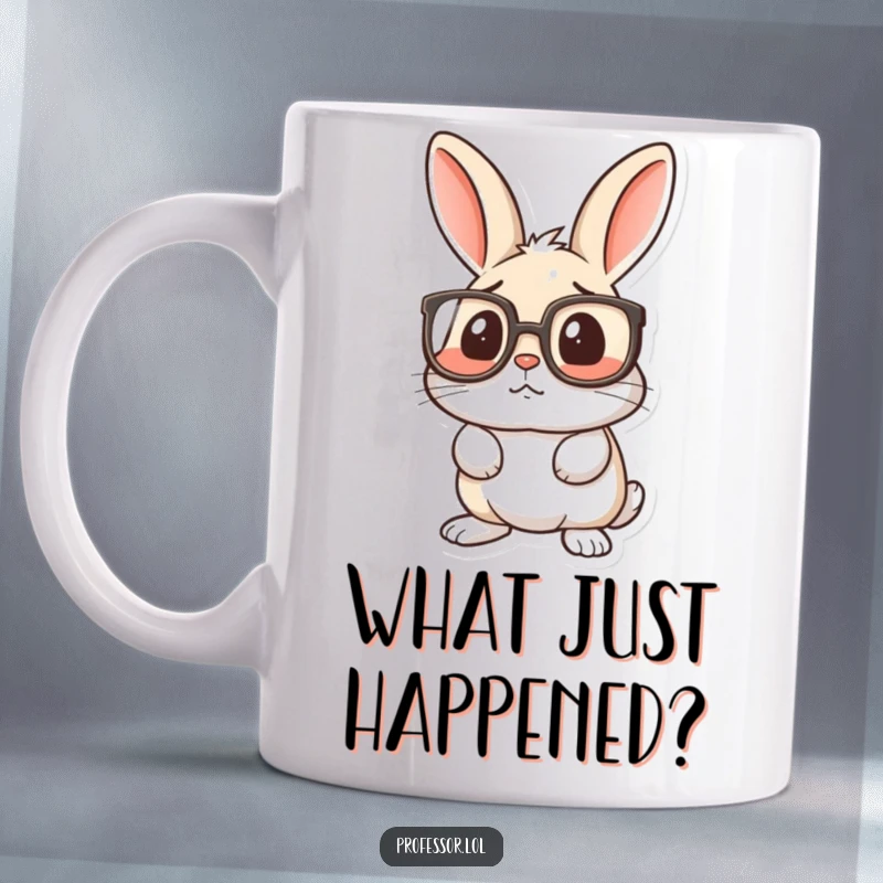 Funny mug with a surprised rabbit wearing huge spectacles, looking utterly confused and bewildered by the world.