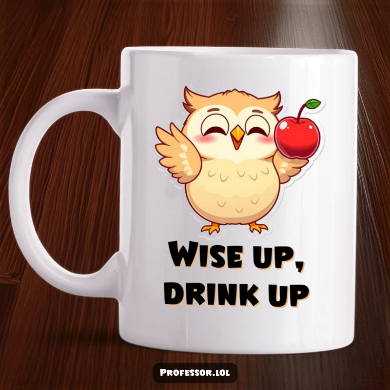 Funny mug showing an excited owl demonstrating physics with a falling apple, highlighting scientific discovery and humor.