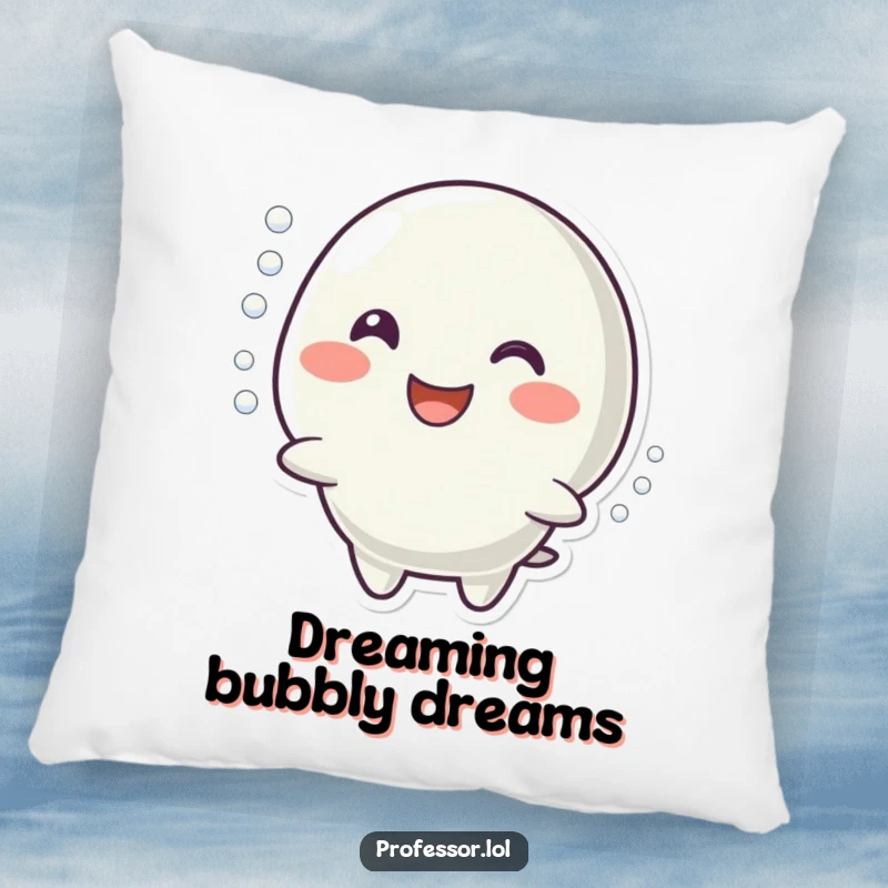 Funny pillow depicting a character with a joyful smile mimicking a bubbling reaction, offering comfort and a dose of effervescent charm.