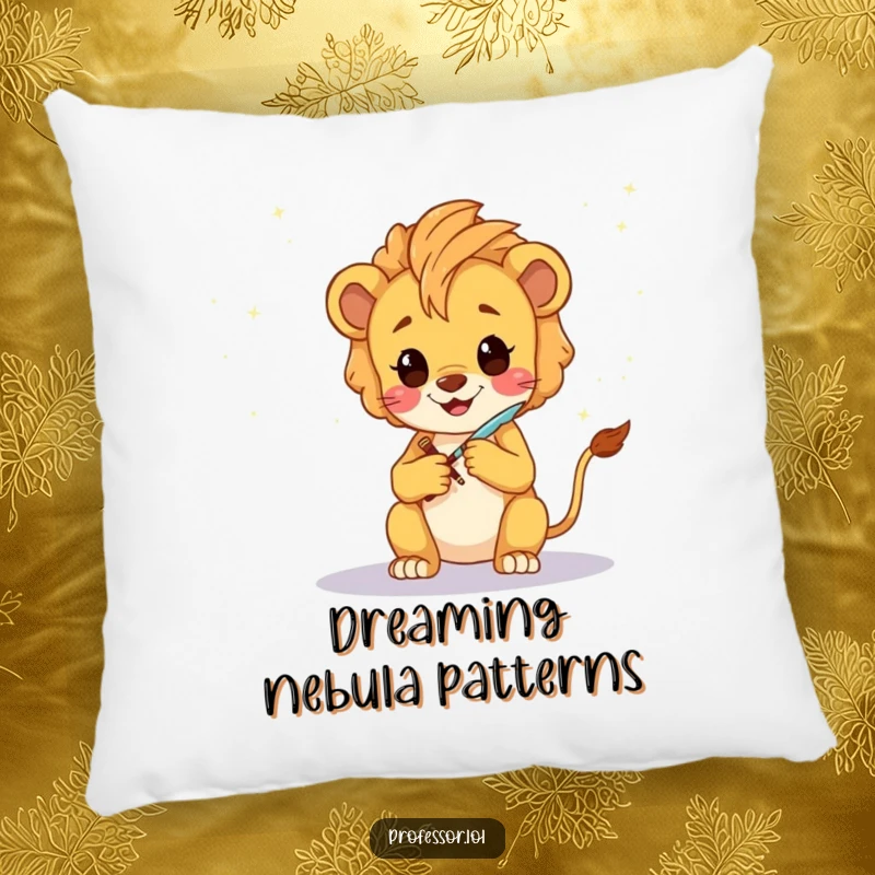 Funny Lion Cub Artist Pillow: A happy Kawaii lion cub sketching a fantastical galaxy with a glowing quill, adding comfort.