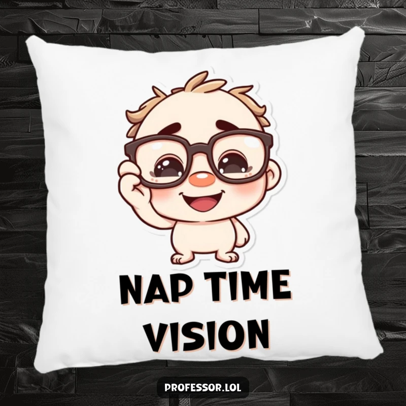 Funny character adjusting oversized spectacles on its nose with a grin, a humorous pillow for readers. Soft and smart.