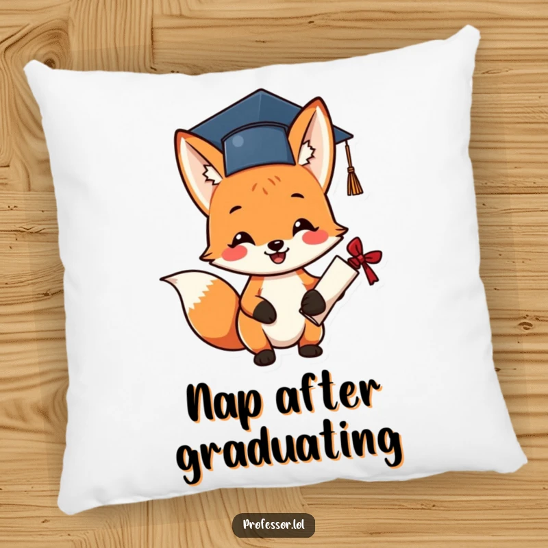 Funny graduation fox pillow with a cheerful fox wearing a tiny cap, holding a diploma.