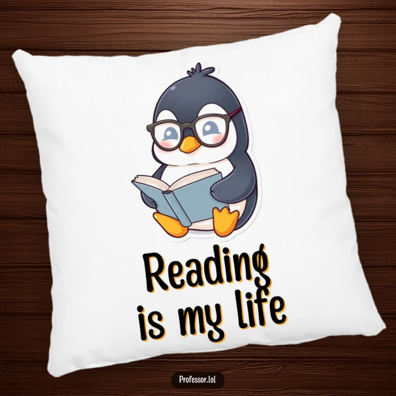 Funny Penguin Bookworm Pillow: A soft pillow featuring a chubby penguin wearing spectacles, reading a thick book, bringing comfort and literary humor.
