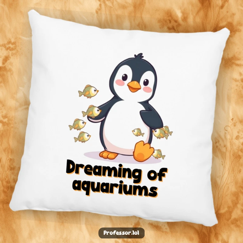 Funny pillow with a playful penguin lecturing tiny fish, providing a soft and humorous decorative accent.