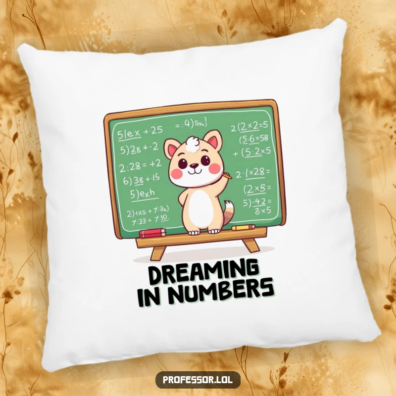 Funny pillow with an animal character happily scribbling equations on a chalkboard, perfect for cozying up with a dose of brainy humor.