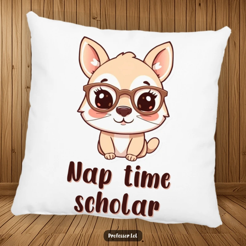 Funny pillow with a cute animal character wearing spectacles on its nose, perfect for adding cozy, intellectual humor to any room.