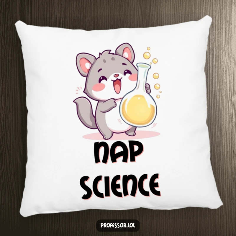 Funny cute animal character with an overflowing bubbling beaker, a humorous pillow for science and decor lovers. Soft and funny.